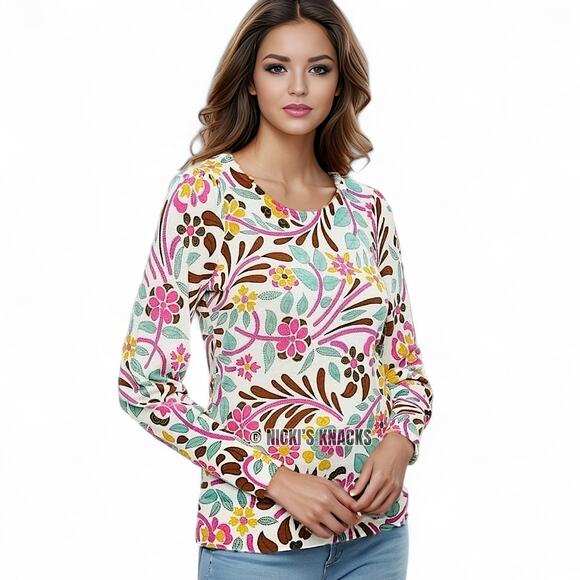 Talbots Petites Merino Wool Sweater S Spring Floral Retro Mod Print Lightweight - Picture 8 of 9